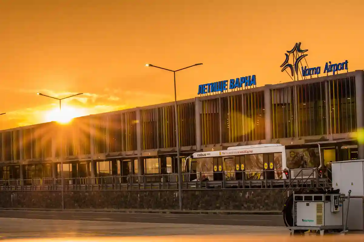 Varna Airport transfer — airport building at sunset